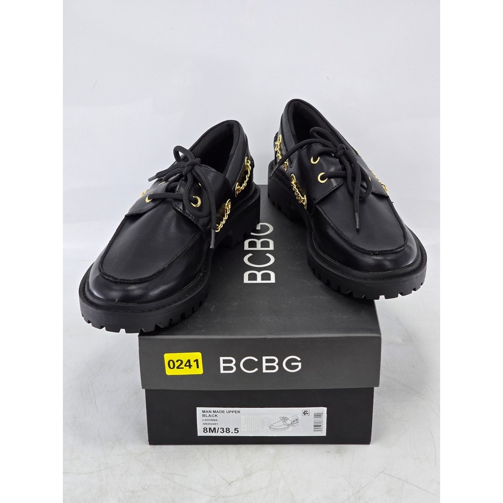 BCBG Ladonna Lug Sole Loafers Womens 8M Black Chain Detail - Excellent